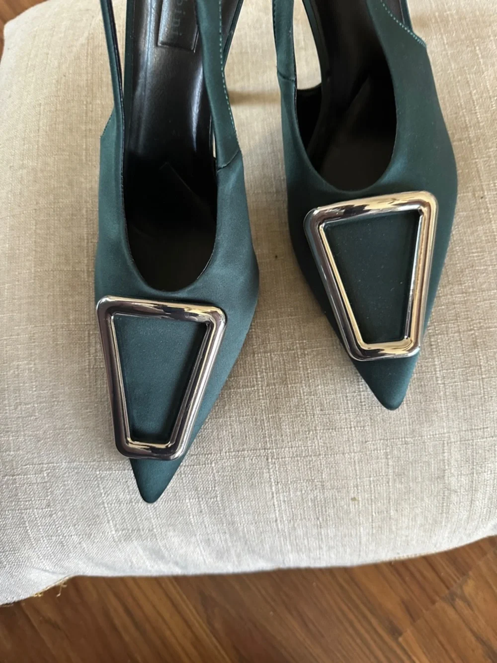 Satin Teal Slingback Pointed Toe Heels with Silver Buckle - Picture 2 of 6
